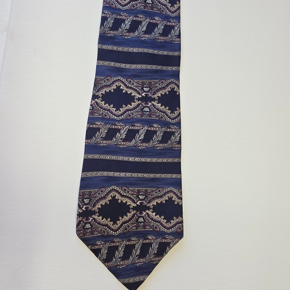 Zylos George Machado Mens Navy Blue Silk Geometric Feather Print Tie Italy - Picture 2 of 3